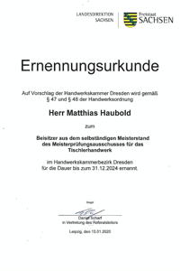 Ernennungsurkunde zum Tischlermeister